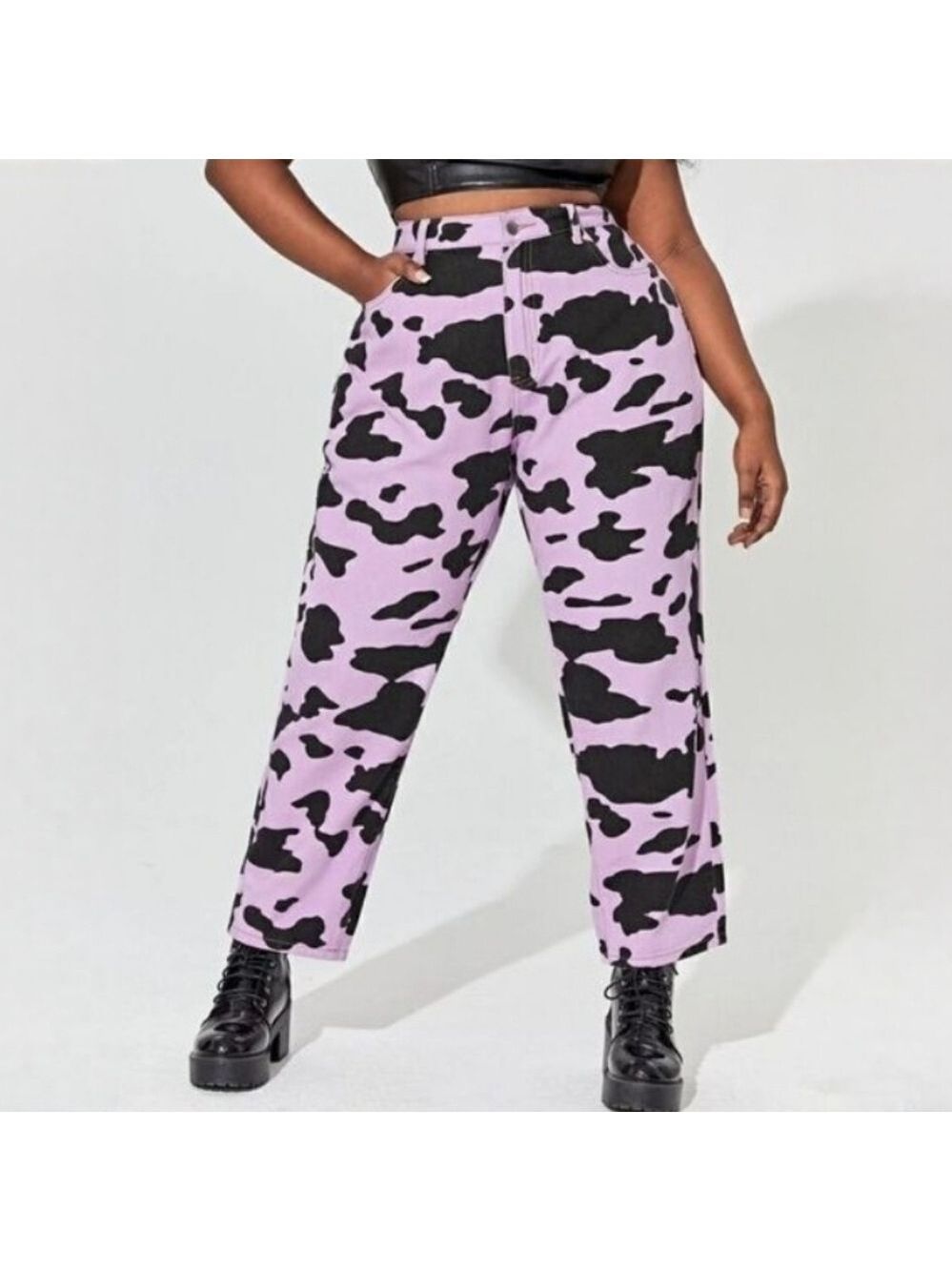 SHEIN Purple Cow Print Mom Jeans Size Medium